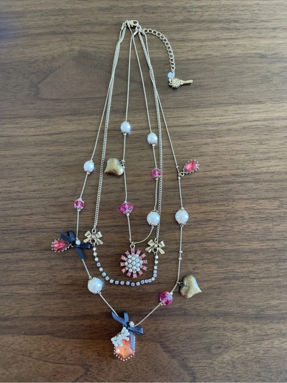 Betsey Johnson Gold-Tone Multi-Strand Necklace with Pink Crystals & Pearls